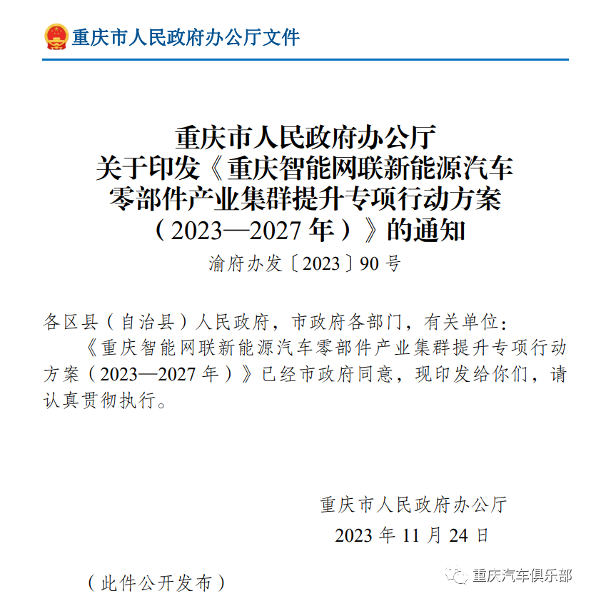 重庆印发《重庆智能网联新能源汽车零部件产业集群提升专项行动方案 （2023—2027年）》